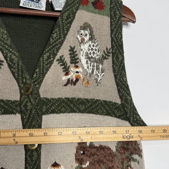 Northern Reflections Vest Women M Green Woodland Owl Sweater Earthy Fall Teacher - Picture 5 of 9